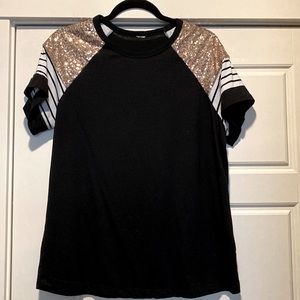 Heimish USA black top with gold sequins and striped sleeve, large